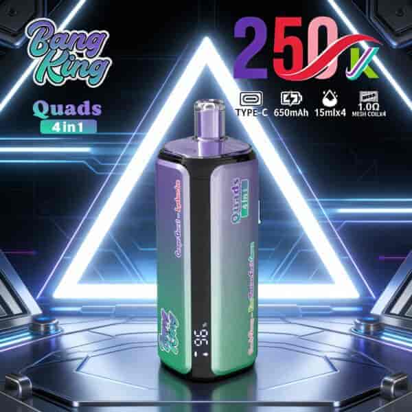 Quads 4 in 1 vape device with a purple-green gradient body, buttonless display panel, and a tall mouthpiece; futuristic neon triangle backdrop.