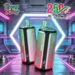 Two futuristic vape devices with gradient green-to-pink panels stand in a neon-lit sci-fi chamber, labeled Bang King 250K with tech icons and a glowing hexagonal backdrop.