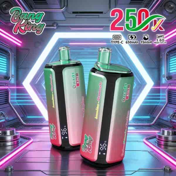 Two futuristic vape devices with gradient green-to-pink panels stand in a neon-lit sci-fi chamber, labeled Bang King 250K with tech icons and a glowing hexagonal backdrop.