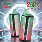 Two green and pink Bang King disposable vape devices with gradient bodies, digital displays, and green mouthpieces in a futuristic metallic setting.