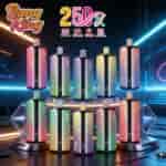 A collection of colorful vape devices arranged on circular platforms in a futuristic showroom, with a "Bang King" logo and "2500X" branding above.
