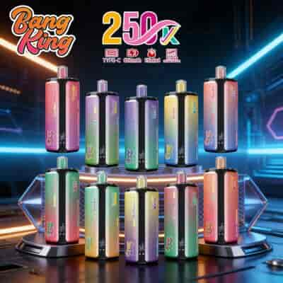 A collection of colorful vape devices arranged on circular platforms in a futuristic showroom, with a "Bang King" logo and "2500X" branding above.