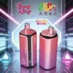 Two pink cylindrical vape devices with a glossy finish, one black-accented panel and one plain pink, set in a futuristic neon-lit background.