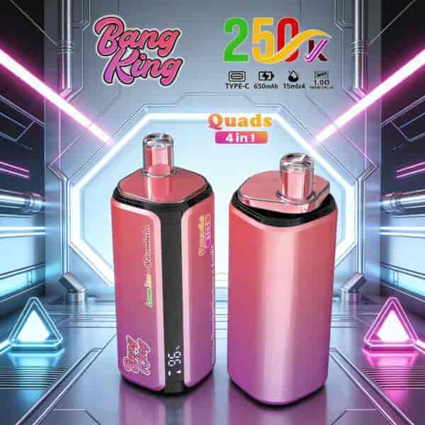 Two pink cylindrical vape devices with a glossy finish, one black-accented panel and one plain pink, set in a futuristic neon-lit background.