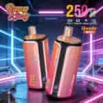 Three pink and black vape devices with digital displays, set in a neon-lit futuristic background.