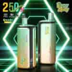 Two green and black vape mod devices labeled Quads 4in1, standing upright on a glossy neon-lit surface with a futuristic green and yellow backdrop.