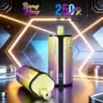 Bang King vape device with a gradient yellow-purple color, tall rectangular mod standing upright and a smaller pod lying on its side, futuristic neon geometric background with glowing hexagon shapes.