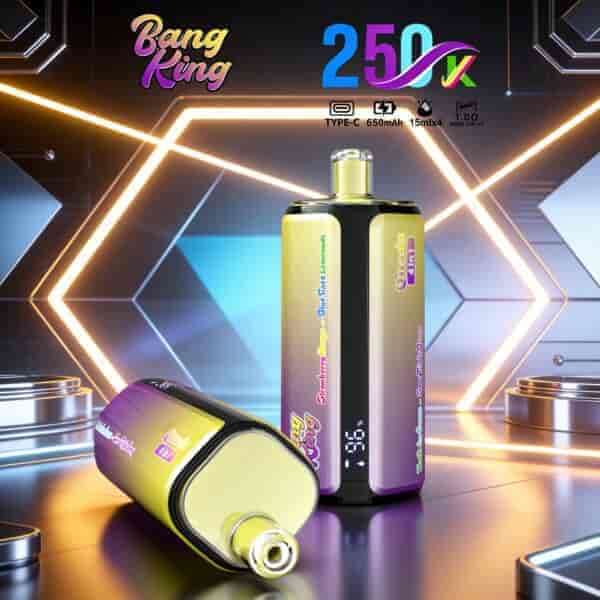 Bang King vape device with a gradient yellow-purple color, tall rectangular mod standing upright and a smaller pod lying on its side, futuristic neon geometric background with glowing hexagon shapes.