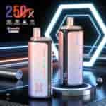 Two colorful vape devices labeled Quads 4 in 1, standing on a futuristic neon-lit platform with hexagonal light frames in the background.