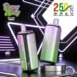 Bright purple and green vape mods on a futuristic neon-lit platform, branded Bang King Quads 4in1, with 2500mAh capacity icons in top right.