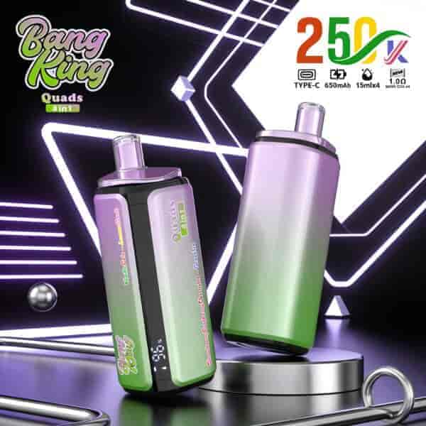 Bright purple and green vape mods on a futuristic neon-lit platform, branded Bang King Quads 4in1, with 2500mAh capacity icons in top right.