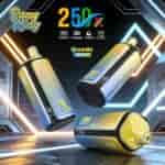 Three futuristic vape devices with gold and blue gradient bodies orbiting in a neon-lit tech backdrop, labeled Bang King 2.50 quad 4 in 1 quads.