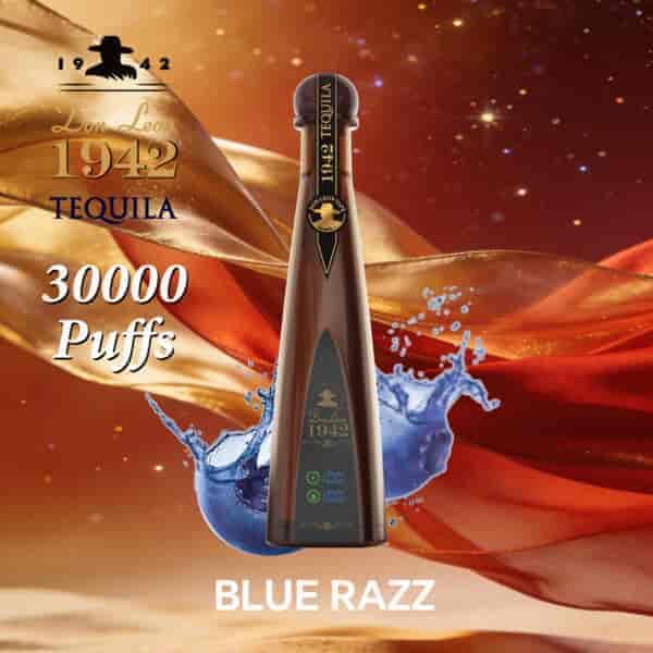 A tall brown tequila bottle labeled Don Leon 1942 with a gold cap, set against a warm, flowing gold and red background, splashing blue liquid and the text “30000 Puffs” and “BLUE RAZZ.”