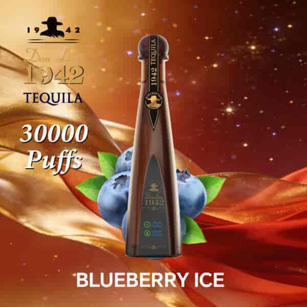 A tall dark bottle of 1942 Don Leon Tequila centered against a warm gold and red background with blue blueberries and green leaves, text advertising “30000 Puffs” and “Blueberry Ice.”
