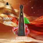 A tall dark tequila bottle labeled 1942 Tequila stands upright with a cherry, dragon fruit motif and golden ribbon background; text reads 30000 Puffs and CHERRY DRAGON FRUIT.