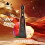 Luxurious tequila bottle in center with gold and black label, peach/peachy imagery, flowing gold ribbon, and peaches in background; text reads “1942 Tequila” and “30000 Puffs” with “Juicy Peach” at bottom.