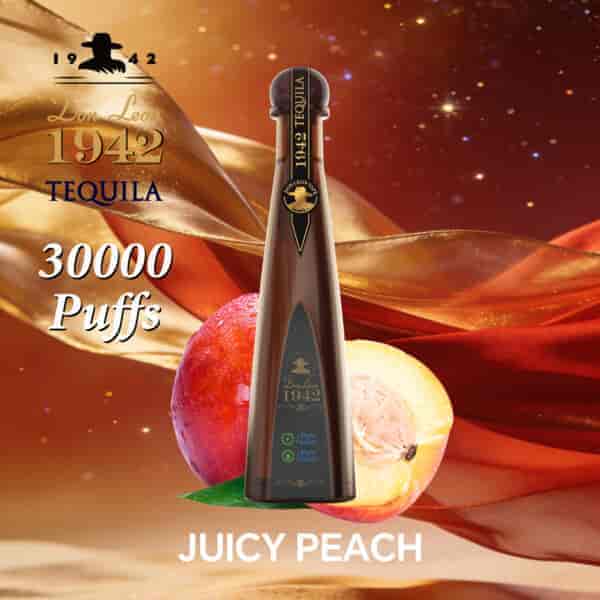 Luxurious tequila bottle in center with gold and black label, peach/peachy imagery, flowing gold ribbon, and peaches in background; text reads “1942 Tequila” and “30000 Puffs” with “Juicy Peach” at bottom.