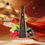 A tall Tequila bottle labeled Don Leon 1942 stands upright with a dark glass, surrounded by mixed berries (blackberries, red currants, blueberries) and green leaves, against a golden, flowing ribbon background.