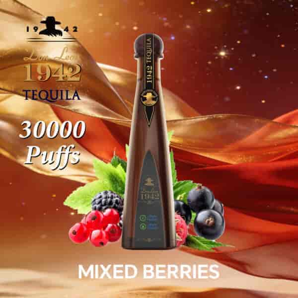 A tall Tequila bottle labeled Don Leon 1942 stands upright with a dark glass, surrounded by mixed berries (blackberries, red currants, blueberries) and green leaves, against a golden, flowing ribbon background.