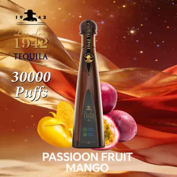Luxurious bottle of Don Leon 1942 Tequila center-stage with gold ribbon, surrounded by passion fruit and mango, bold “30000 Puffs” and “PASSIOON FRUIT MANGO” text on warm orange background