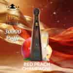 Tequila bottle with label 1942 Don Leon, glass of champagne, peach and gold ribbon background, text “30000 Puffs” and “Red Peach Champagne” on warm orange-gold backdrop.