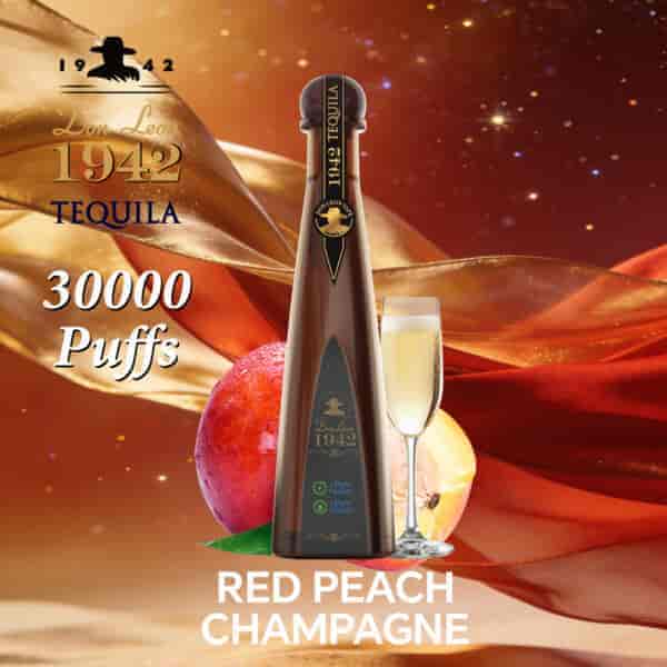 Tequila bottle with label 1942 Don Leon, glass of champagne, peach and gold ribbon background, text “30000 Puffs” and “Red Peach Champagne” on warm orange-gold backdrop.