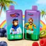 Two colorful juice bottles with cartoon monkey characters, labeled UQR and Twins, standing on a sunny beach with a rainbow, fruit, and palm trees in the background.