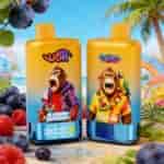 Two orange and blue sunscreen bottles featuring cartoon monkeys in tropical outfits on a beach scene with berries and palm trees in the background