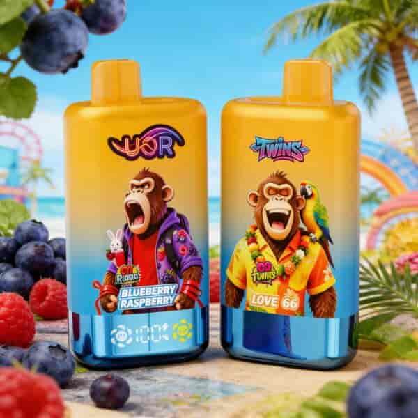 Two orange and blue sunscreen bottles featuring cartoon monkeys in tropical outfits on a beach scene with berries and palm trees in the background