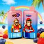 Two pink to blue gradient juice pouches with cartoon monkeys, tropical fruit flavors, set on a beach with rainbow, palm trees, and berries in the foreground.