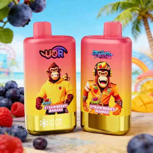 Two colorful juice bottles with cartoon monkey characters on a tropical beach background; left bottle shows a monkey in a yellow hoodie labeled Strawberry Banana, right bottle shows a monkey in a retro outfit labeled Strawberry Mango.