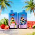 Two blue plastic bottles with colorful monkey characters on a tropical backdrop, labeled “Strawberry Watermelon” and “Red Bull Twins” with a Red Bull logo nearby.
