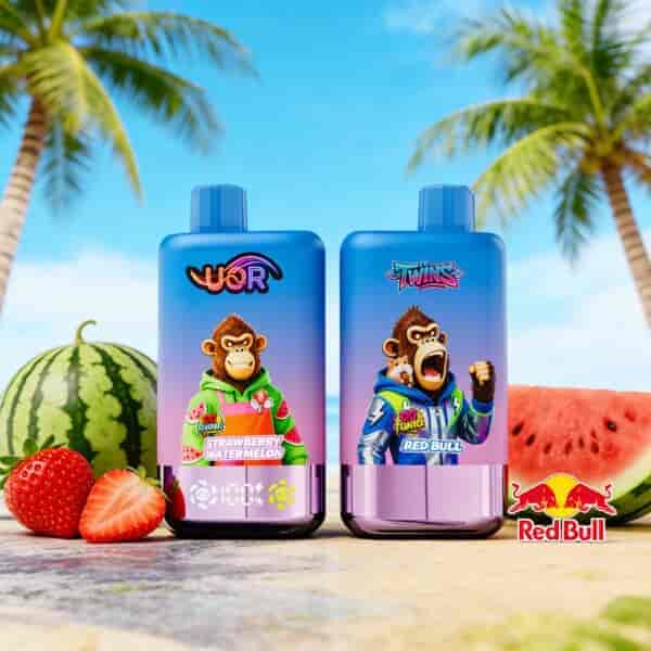 Two blue plastic bottles with colorful monkey characters on a tropical backdrop, labeled “Strawberry Watermelon” and “Red Bull Twins” with a Red Bull logo nearby.