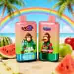 Two pink gradient juice bottles with cartoon monkeys in colorful outfits on a beachy background, rainbow arc, palm trees, and assorted fruits.