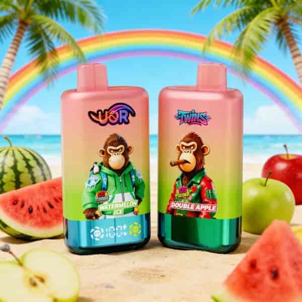 Two pink gradient juice bottles with cartoon monkeys in colorful outfits on a beachy background, rainbow arc, palm trees, and assorted fruits.