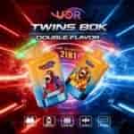 Two colorful vape bottles with cartoon monkey designs float against a neon, futuristic background; text reads “TWINS 80K Double Flavor” with “Slide to switch 2in1” above.