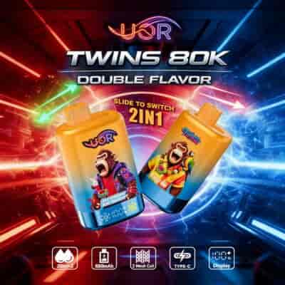 Two colorful vape bottles with cartoon monkey designs float against a neon, futuristic background; text reads “TWINS 80K Double Flavor” with “Slide to switch 2in1” above.