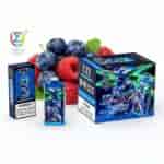 Blueberry and raspberry themed vaping device and packaging by UZY, with a small blue vape pod, tall box, and boxed set labeled 50K Puffs Blueberry Raspberry.
