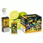 Bright yellow and black packaging of UZY lemon lime vape products with a large box labeled 60K Puff, featuring a muscular gorilla character, plus lemon and lime fruits in the background.
