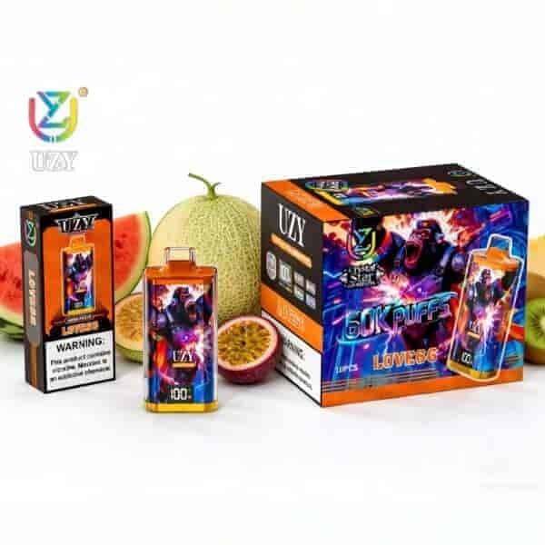 Colorful UZY branded vape product packaging with a central device and a large box reading “50K PUFFS” beside fruits (melon, watermelon, passion fruit).