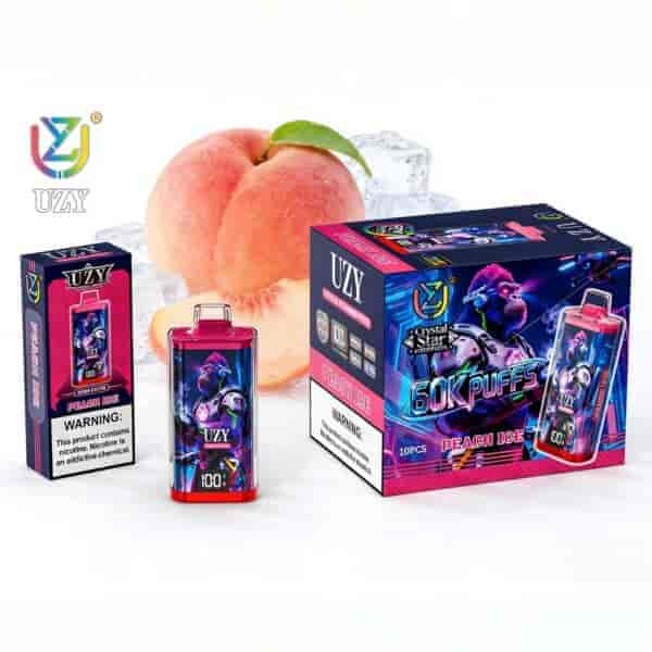 Colorful UZY Peach Ice vape packaging and devices with a large peach in the background.