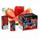 Containers of UZY e-liquid with a strawberry watermelon flavor, alongside a colorful box and large watermelon visuals in the background.