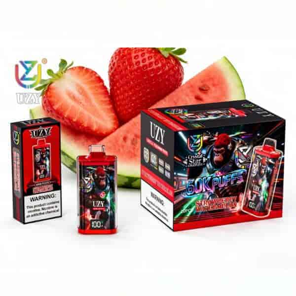 Containers of UZY e-liquid with a strawberry watermelon flavor, alongside a colorful box and large watermelon visuals in the background.