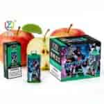 A green vape bottle and a box with futuristic graphics labeled UZY Two Apple, placed in front of two apples (one whole red and one sliced) with a leaf, on a white background.