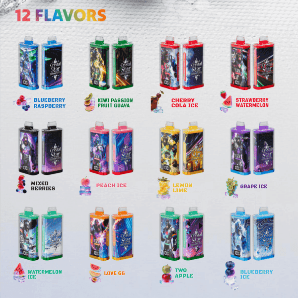 Assorted vape juice bottles labeled with flavors: Blueberry Raspberry, Kiwi Passion Fruit Guava, Cherry Cola Ice, Strawberry Watermelon, Mixed Berries, Peach Ice, Lemon Lime, Grape Ice, Watermelon Ice, Love 66, Two Apple, Blueberry Ice, arranged in a grid with flavor text captions.
