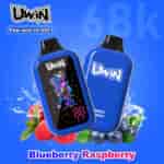 Blue Uwin bottle with white logo, one shows colorful cartoon juice design on black label; raspberry-blueberry flavor text at bottom, fruit splashes around.