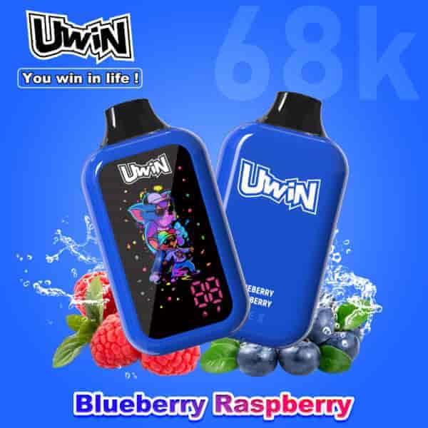 Blue Uwin bottle with white logo, one shows colorful cartoon juice design on black label; raspberry-blueberry flavor text at bottom, fruit splashes around.