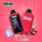 Two bright red Uwin brand energy drink pouches with black caps, one showing a colorful graphic on a digital screen and the other displaying the Uwin logo, set against a pink background with cherries and ice cubes and the words Cherry Ice.