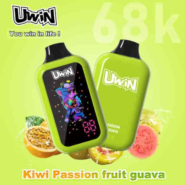 Bright lime-green UWin bottle with black cap, front label shows colorful cartoon characters; back shows UWin logo and “PASSION GUAVA” text, paired with sliced kiwi, passion fruit, and grapefruit images in bright background.