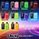 A grid of colorful UWIN vaping devices with various flavors and colors, including Blueberry Raspberry, Strawberry Watermelon, Strawberry Kiwi, Watermelon Ice, Cherry Ice, Summer Peach Ice, Mixed Berry, Mr Blue, Kiwi Passion fruit Guava, and Red Bull, set against a gradient background with the brand slogan You win in life.